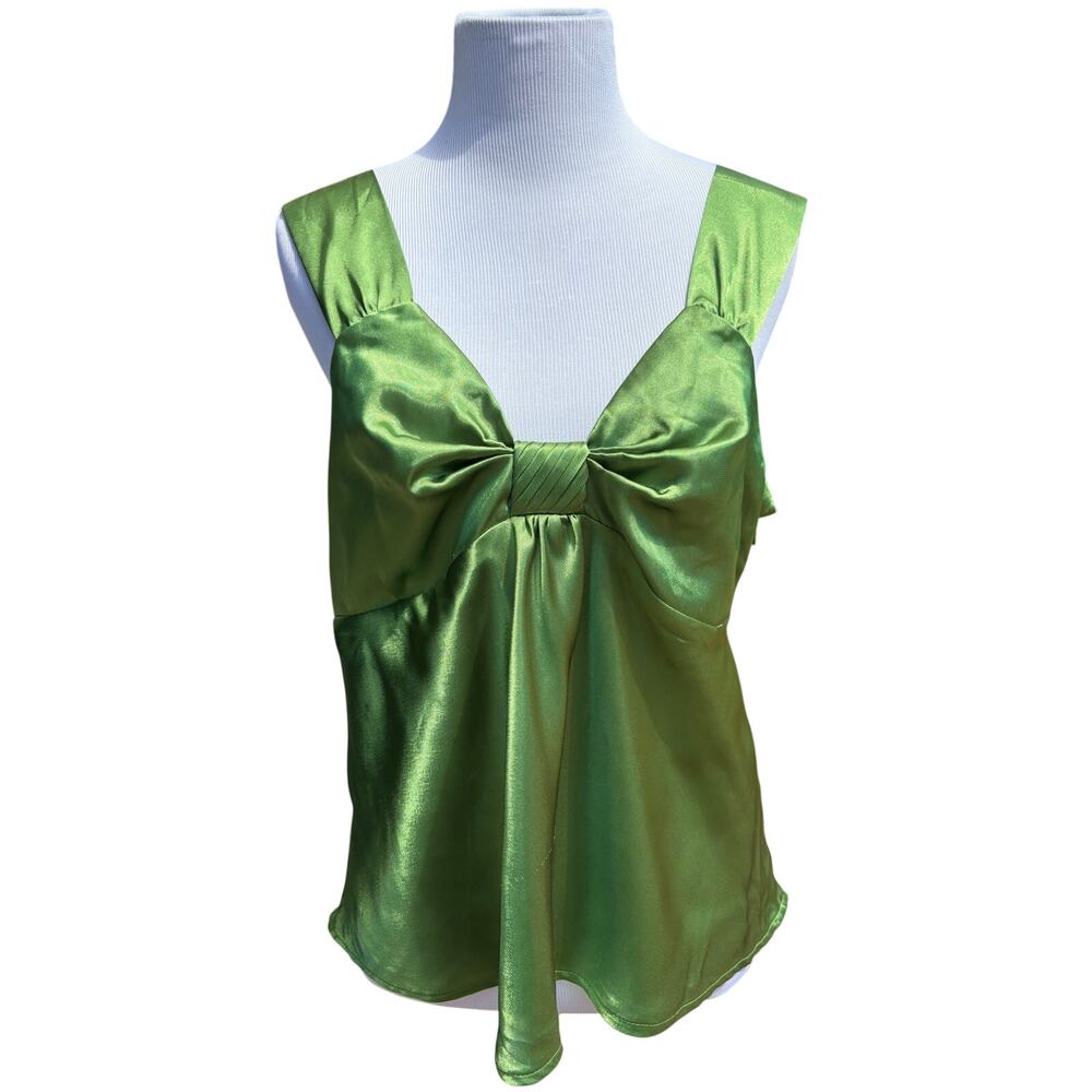 Y2K Nine West Empire Waist Chartreuse Green Satin Tank Blouse